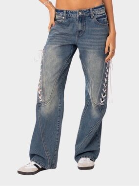 58. NWOT! EDIKED Low Rise Ribbon Lace Up Jeans | Blue | XS